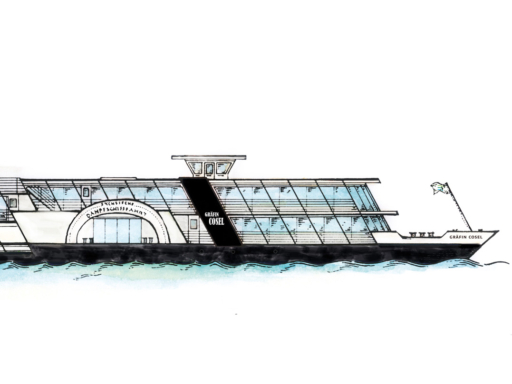 COS24 Eine Zeichnung zeigt das Äußere des Motorschiffs 'Gräfin Cosel'. Schwarz und weiß bestimmen die Außenansicht.