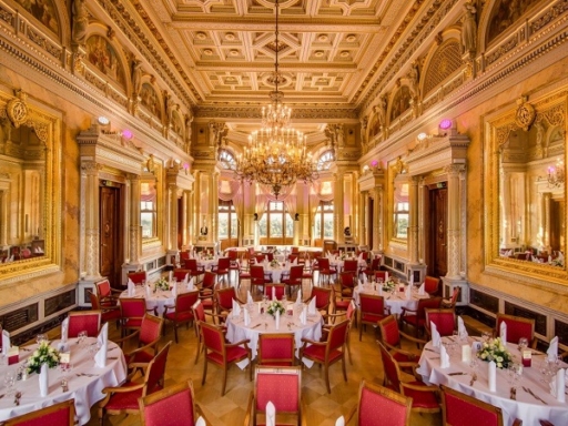 Im Kronensaal von Schloss Albrechtsberg sind große runde Tische mit roten Stühlen aufgebaut. Die Tische sind weiß eingedeckt, Blumen liegen jeweils in der Mitte.