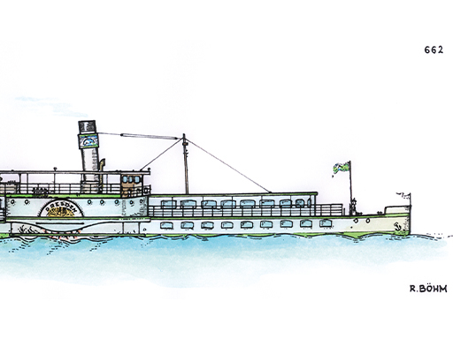 PD Dresden Eine detaillierte Grafik des Dampfers Dresden in Seitenansicht. Die Grafik ist coloriert. Das Bild ist aufgrund des Layouts gekürzt und zeigt das Schiff bis zum Schornstein.