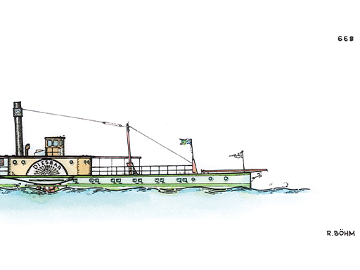 PD Diesbar Eine detaillierte Grafik des Dampfers Diesbar in Seitenansicht. Die Grafik ist coloriert. Das Bild ist aufgrund des Layouts gekürzt und zeigt das Schiff bis zum Schornstein.