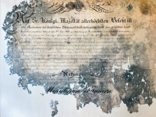 Ein Original - die Gründungsurkunde der Sächsischen Elbdampfschiffahrtsgesellschaft vom 8. Juli 1836.