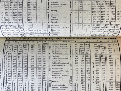 Ein Fahrplan aus dem Jahr 1933. Zwei Seiten zeigen die Fahrten zwischen Hernrnskretschen (Hrensko) und Leitmeritz (Litomerice) und zwischen Dresden, Meißen und Mühlberg.