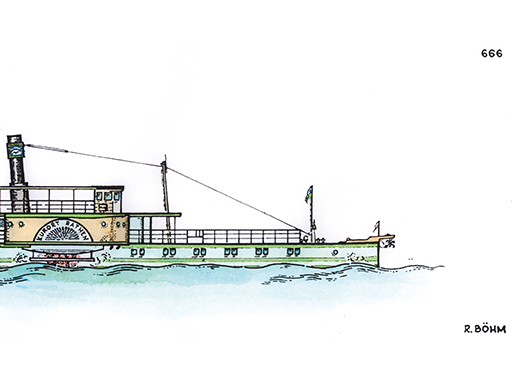 PD Kurort Rathen Eine detaillierte Grafik des Dampfers Kurort Rathen in Seitenansicht. Die Grafik ist coloriert. Das Bild ist aufgrund des Layouts gekürzt und zeigt das Schiff bis zum Schornstein.