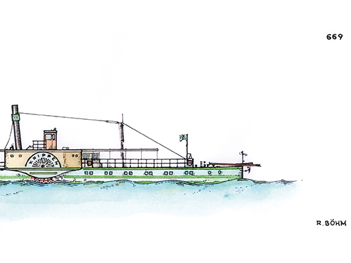 PD Krippen Eine detaillierte Grafik des Dampfers Krippen in Seitenansicht. Die Grafik ist coloriert. Das Bild ist aufgrund des Layouts gekürzt und zeigt das Schiff bis zum Schornstein.