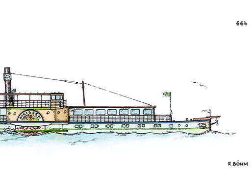 PD Meissen Eine detaillierte Grafik des Dampfers Meissen in Seitenansicht. Die Grafik ist coloriert. Das Bild ist aufgrund des Layouts gekürzt und zeigt das Schiff bis zum Schornstein.