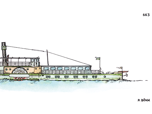 PD Pillnitz Eine detaillierte Grafik des Dampfers Pillnitz in Seitenansicht. Die Grafik ist coloriert. Das Bild ist aufgrund des Layouts gekürzt und zeigt das Schiff bis zum Schornstein.