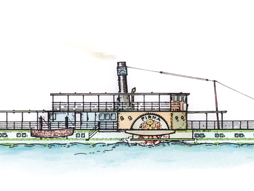PIR A detailed side view of the steamer Pirna. The graphic is colored.