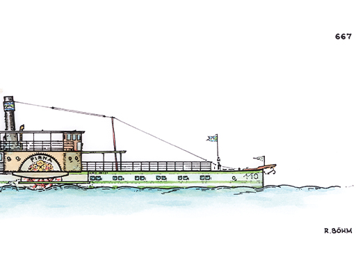 PD Pirna Eine detaillierte Grafik des Dampfers Pirna in Seitenansicht. Die Grafik ist coloriert. Das Bild ist aufgrund des Layouts gekürzt und zeigt das Schiff bis zum Schornstein.