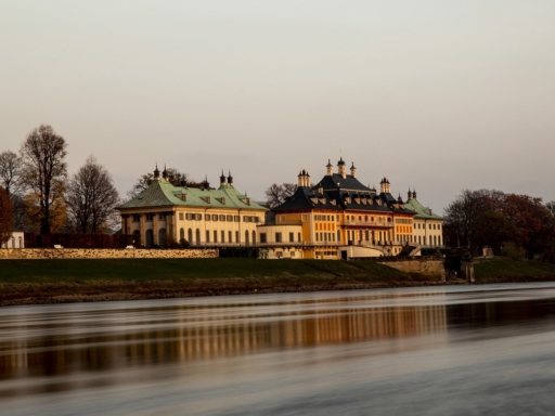 Blick auf das Schloss Pillnitz vom anderen Elbufer aus. Das Schloss strahlt in der Abendsonne.