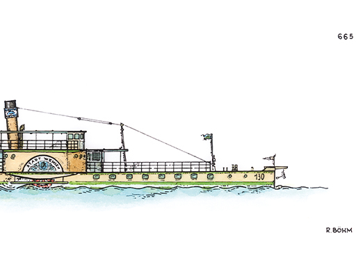 PD Stadt Wehlen Eine detaillierte Grafik des Dampfers Wehlen in Seitenansicht. Die Grafik ist coloriert. Das Bild ist aufgrund des Layouts gekürzt und zeigt das Schiff bis zum Schornstein.