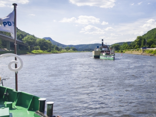 Dampferbegegnung auf der Elbe in Bad Schandau. Ein Schiff ist ganz zu sehen, es fährt stromauf. Auf dem Schiff stromab steht der Fotograf, ein Stück des Bugs ist zu sehen. Im Hintergrund erkennt man den Linienstein. Es ist sonnig.