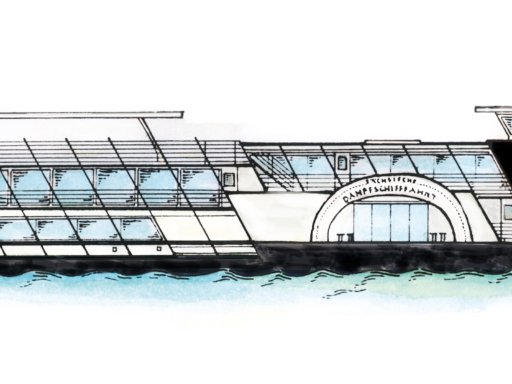Eine Zeichnung zeigt das Äußere des Motorschiffs 