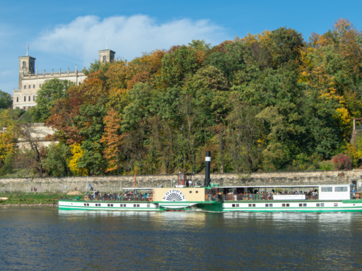 Der Dampfer Krippen fährt stadteinwärts. Ein Großteil des Hintergrundes besteht aus herbstlich bunten Bäumen. Am linken Bildrand erkennt man Schloss Albrechtsberg.