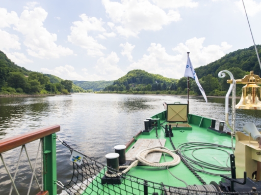 Blick von Bord eines Dampfers. Das Schiff steuert zwischen dichtbewaldeten Bergen in der Sächsischen Schweiz die Elbe entlang