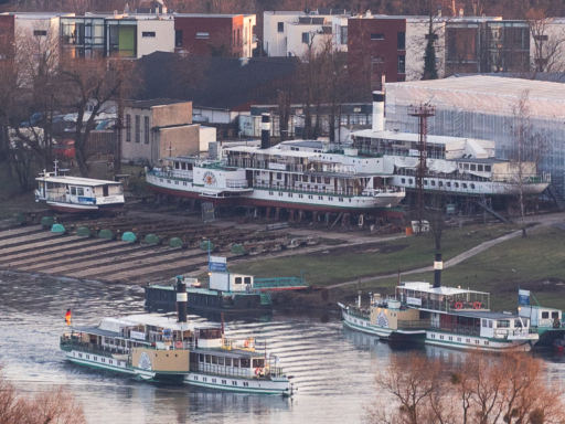 Aufnahme der Werft in Laubegast. 4 Dampfer stehen an und auf der Werft. Das Bilder wurde von der gegenüberliegenden Elbseite aufgenommen.
